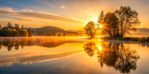 Obraz premium Golden light creeps over serene lake glassy surface, reflecting trees and mountains in tranquil scene. beauty of nature evokes sense of peace and calm