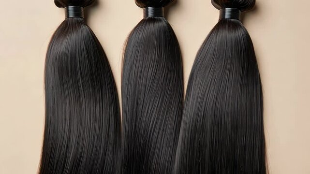 Three long black hair extensions are displayed on a tan background