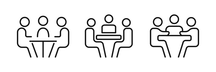 Three people sitting on meeting room icon set. Meeting room, discussion, business conference, support group outline icon. Vector editable stroke