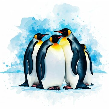 Emperor Penguin Watercolor: A captivating watercolor illustration of five majestic Emperor penguins huddled together, their black and white plumage contrasting against the serene blue background.