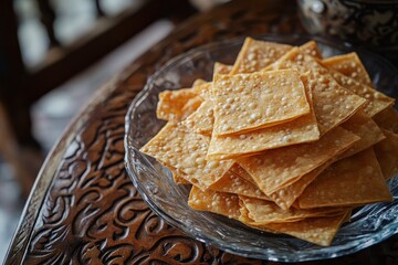 Rengginang crackers are presented on a transparent plate atop a wooden table a traditional dish for West Javanese