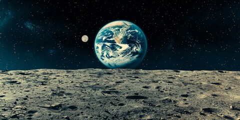 Earth and Moon from Lunar Surface Space Exploration