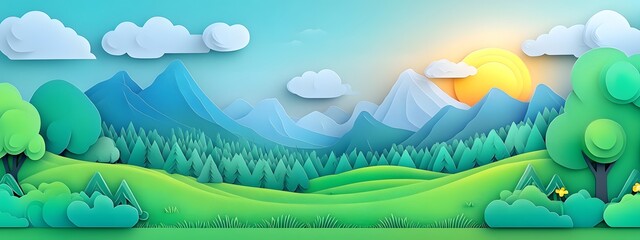 Obraz premium A simple vector graphic of mountains, clouds and trees in the foreground with blue sky in background, simple shapes, paper cutout style, green grass field in front of the mountain range