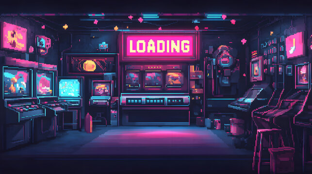 Retro Arcade Pixel Art Neon Night Loading Scene