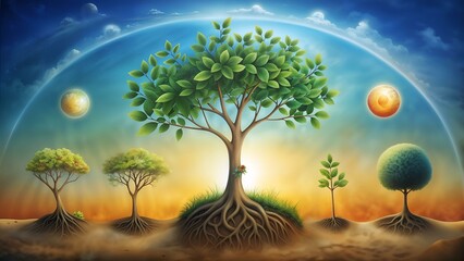 Fantastical illustration of trees against a cosmic background symbolizing growth and universal harmony on the Earth