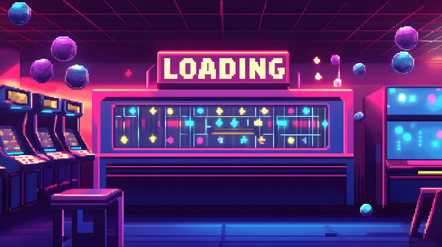 Retro Arcade Game Room Loading Screen - Pixel Art Style