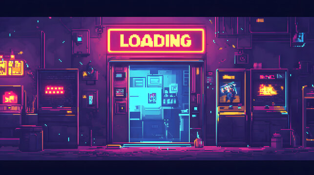 Retro Cyberpunk Alleyway Loading Screen Pixel Art