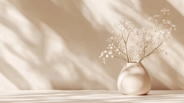 Delicate white flowers in a vase creating a cozy atmosphere with sunlight shadows