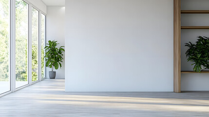 Interior design of a modern minimalist indoor corridor features an empty white wall through a room.