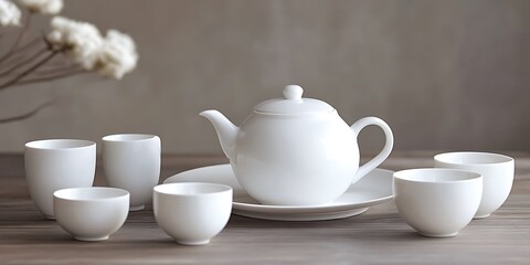 Fototapeta premium A simple white tea set with teacups and a pot 