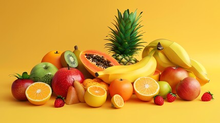 A collection of fresh fruit on a yellow background.