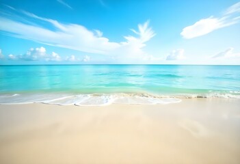 Fototapeta premium A serene beach with golden sand, calm turquoise waters, and a clear blue sky with wispy clouds
