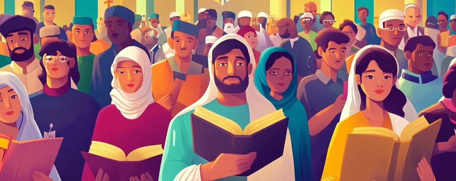 Diverse crowd reading holy books in temple: promoting religious tolerance and inclusivity