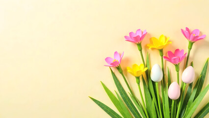 Fototapeta premium Bright yellow and pink spring flowers with Easter eggs on a soft pastel background with copy space, perfect for festive decorations and seasonal projects. Selective focus