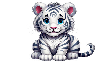 A friendly cartoon style white tiger with blue eyes sitting on a white background