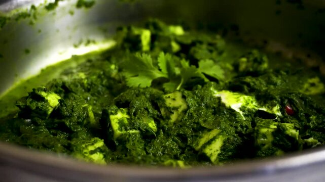 Indian cuisine Palak Paneer or Spinach greens with Cottage Cheese close up