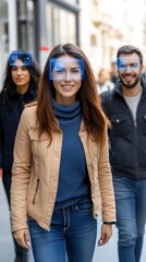 Fototapeta premium People walk a busy street; one chats on a phone while another's avatar shows biometric data, showcasing modern identity