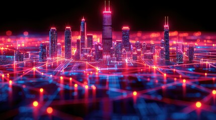 Obraz premium A futuristic cityscape illuminated with neon lights and connected by digital networks.