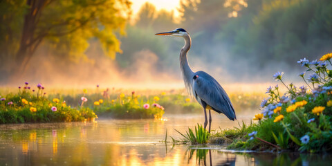 Fototapeta premium serene wetland landscape at dawn features majestic great blue heron standing gracefully by water edge, surrounded by vibrant flowers and mist