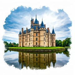 Obraz premium Castle by the Lake: A majestic castle, adorned with turrets and towers, stands proudly by a tranquil lake. The reflection of the structure in the water creates a serene and captivating scene.
