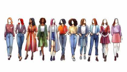 Obraz premium Gender equality and the female empowerment movement, multicultural and multiethnic. International women's day concept. Watercolor painting silhouette of women in their diversity