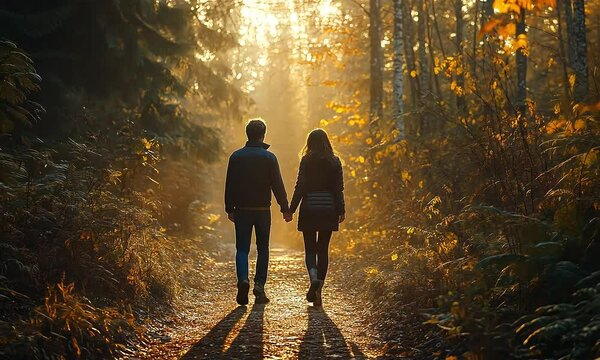 A couple walk forward together among forest in autumn