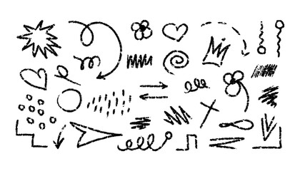Obraz premium Hand drawn chalk lines, zigzags, waves, arrows, hearts, flower, dots. Vector charcoal smears. Underline pen set. Doodle crayon style sketch lines. Horizontal wavy strokes with rough edges.