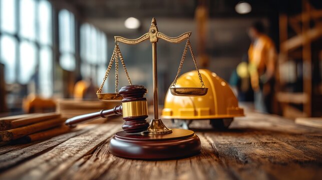 Scales of justice, gavel, and hard hat on wooden table.