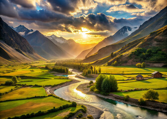 serene valley nestled between majestic mountains, featuring winding river and lush green fields under dramatic sunset sky. Nature beauty is truly captivating