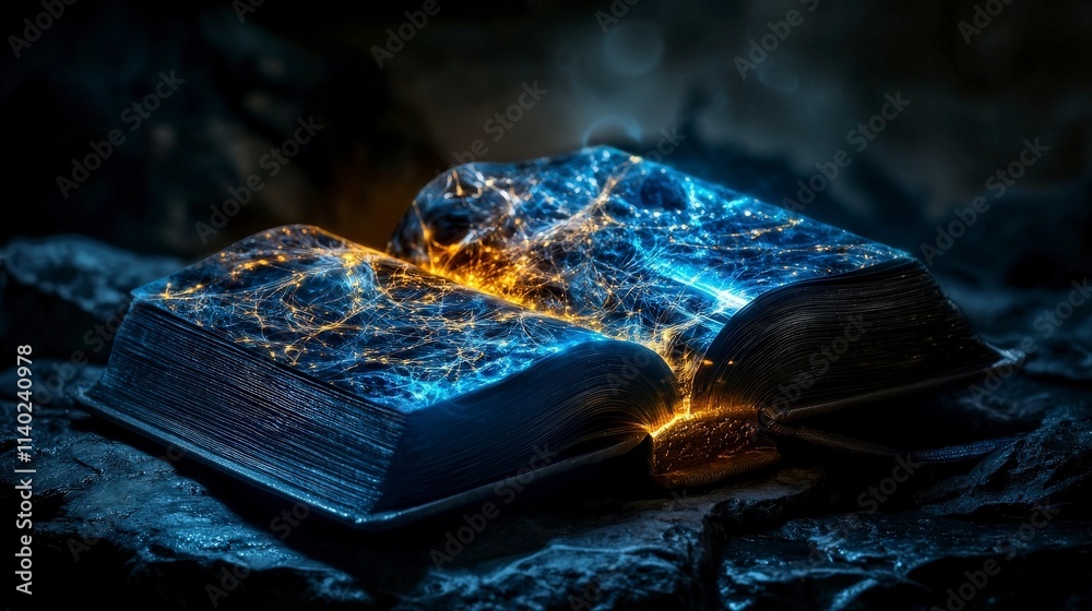 Aufkleber Enigmatic glowing book revealing abstract patterns mysterious setting digital art enchanted environment close-up view
