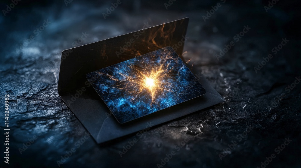 Poster mysterious card glowing in the shadows dark environment close-up image enigmatic concept stunning vi