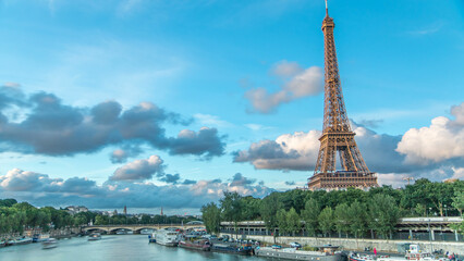 Eiffel Tower with boats in evening timelapse Paris, France