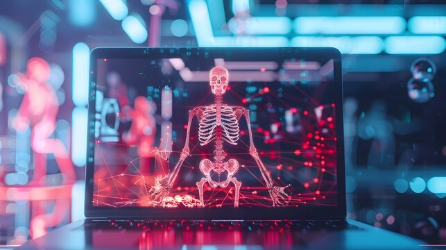 Digital Skeleton Visualization on Laptop Screen in Neon Environment - Powered by Adobe