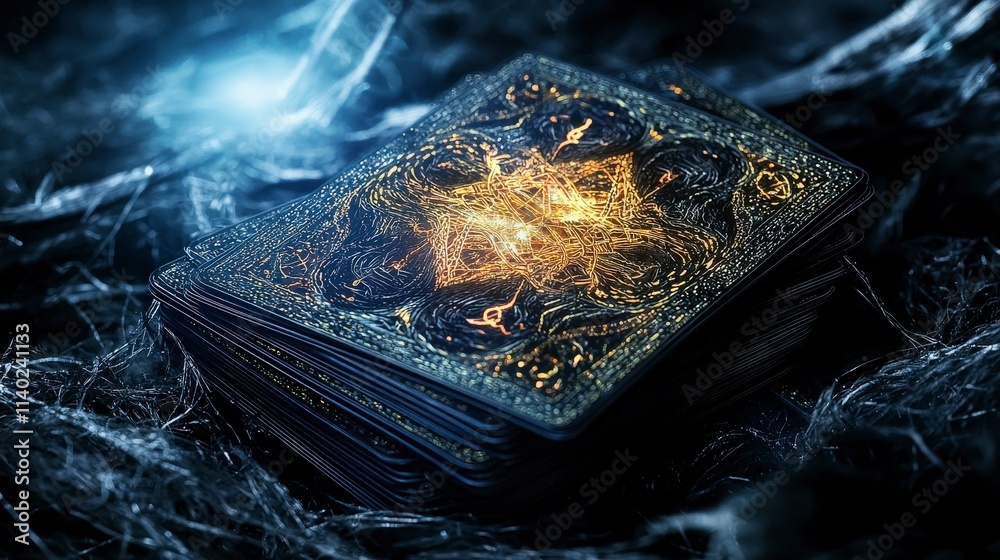 Poster Glowing patterns on deck of cards mysterious setting high-quality image artistic perspective enigmatic concept