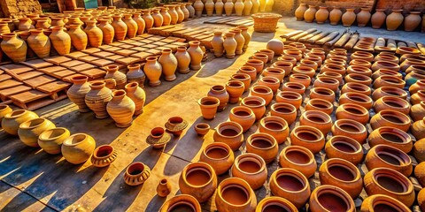 Obraz premium Aerial View: Sun-Dried Clay Vases Pottery Workshop - High-Resolution Stock Photo