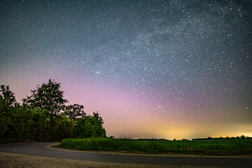 Northern lights over fields and trees