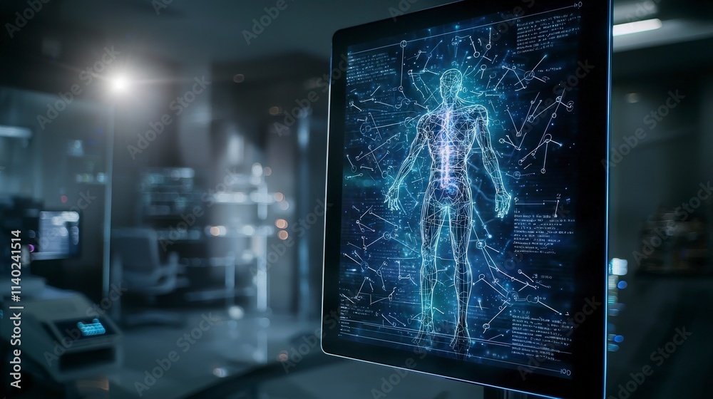 Poster Digital screen displaying dissolving equations high-tech lab science visualization futuristic environment close-up view