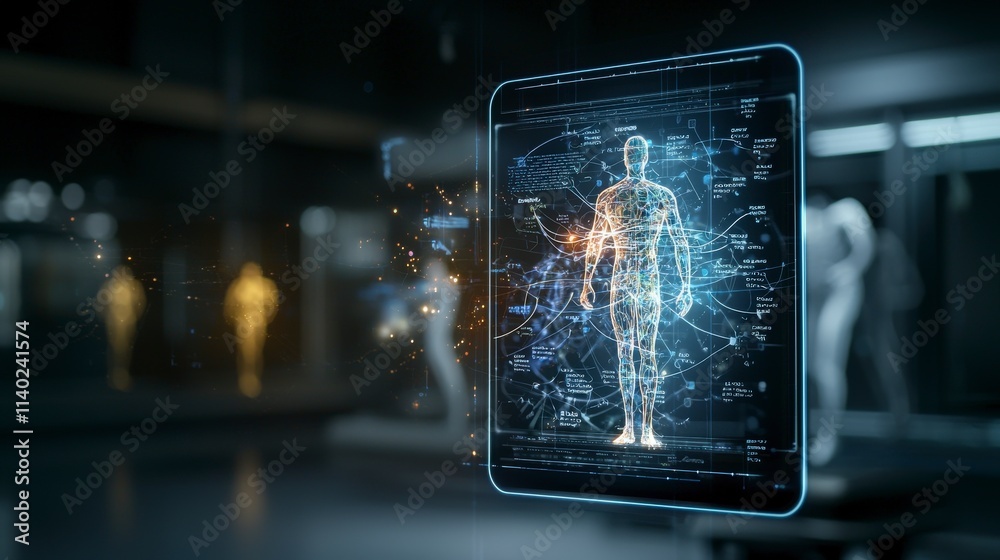 Poster Digital screen displaying dissolving equations of human anatomy in a high-tech lab environment for scientific exploration
