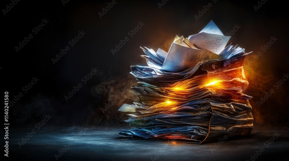 Aufkleber Overflowing folders illuminated by a mysterious glow office space digital art dark environment close-up intrigue