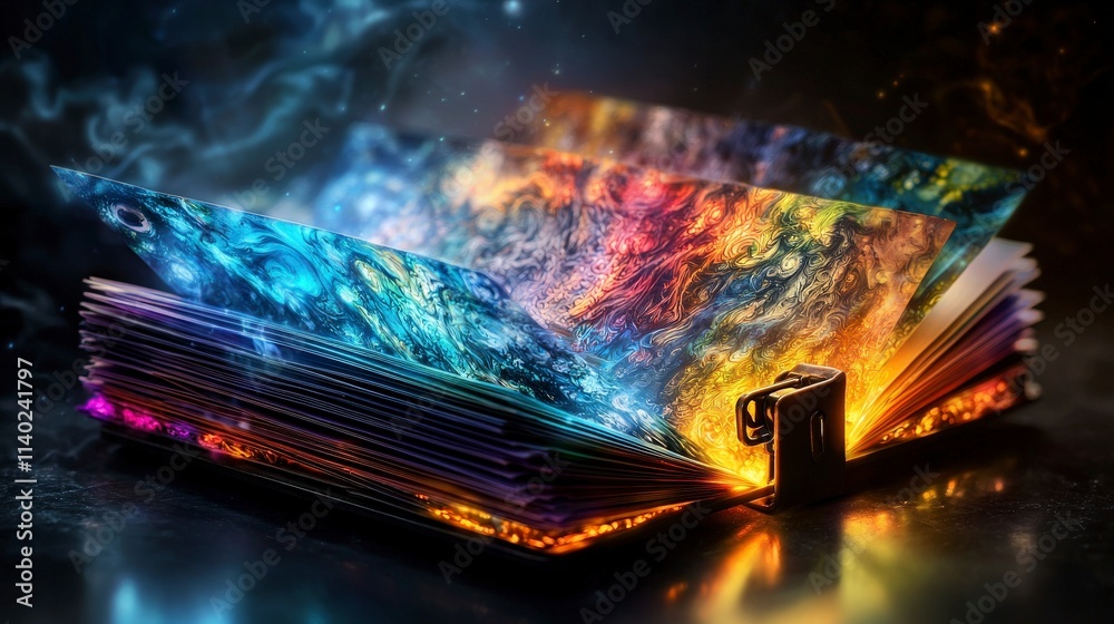 Poster colorful paper sheets bound by glowing stapler creative studio digital artwork vibrant environment c