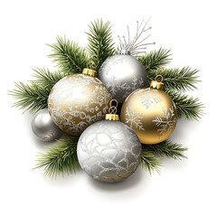 Holiday greeting card, festive golden baubles and pine needles, isolated on white background 