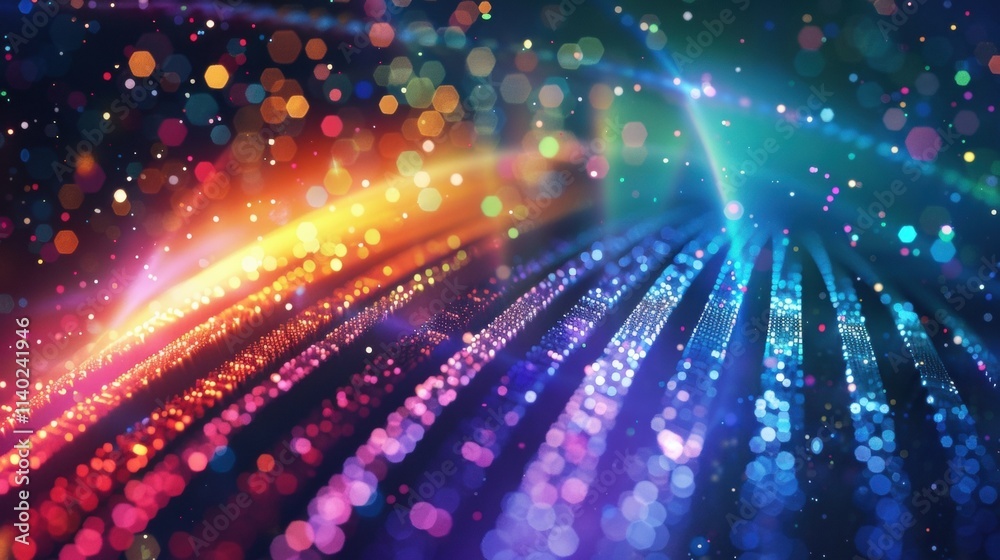 Poster colorful particles flowing and creating a big data stream with a beautiful bokeh effect and light ra