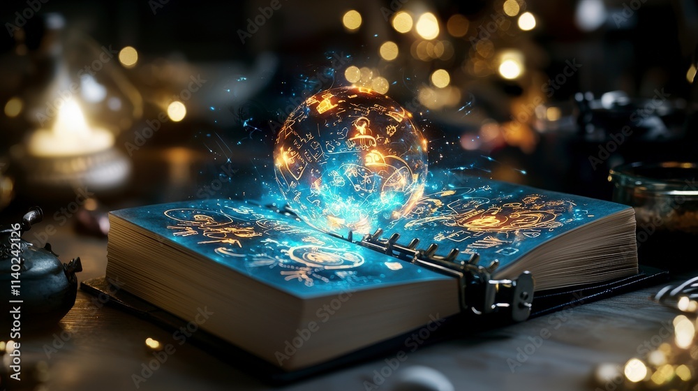 Poster enchanted diary binding pages with glowing magic cozy workshop photography whimsical atmosphere clos