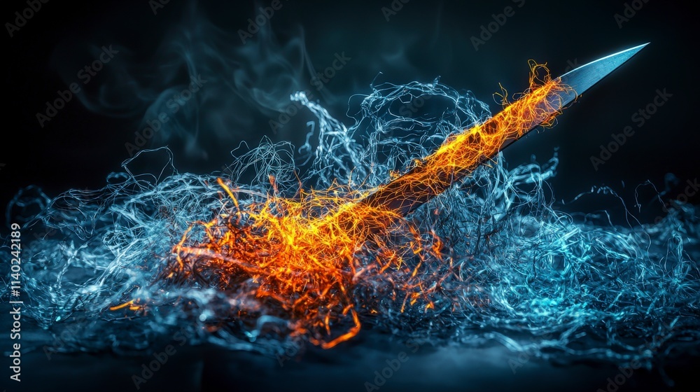 Poster a surreal blade cutting glowing threads of tape abstract art dark environment artistic viewpoint cre