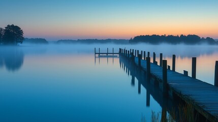 Serene Pier Stretching into Misty Waters at Sunrise