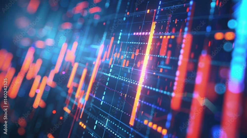 Poster big data stream flowing on digital display showing candlestick charts, creating an abstract visualiz