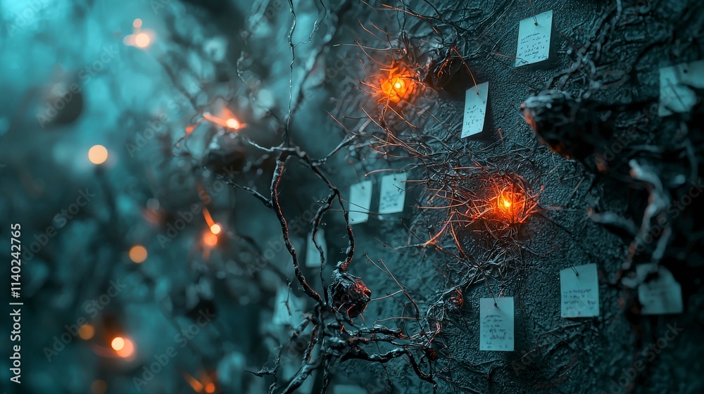 Aufkleber surreal wall of glowing pinned papers abstract space art installation mystical atmosphere close-up v