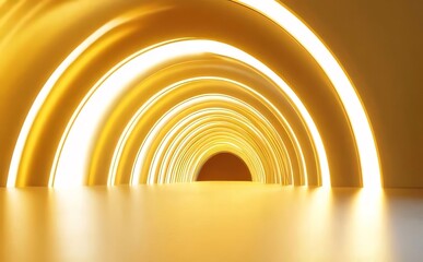 Abstract golden arch tunnel with glowing lights.