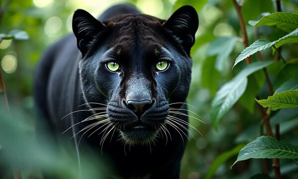 Sleek black panther with striking emerges from lush foliage