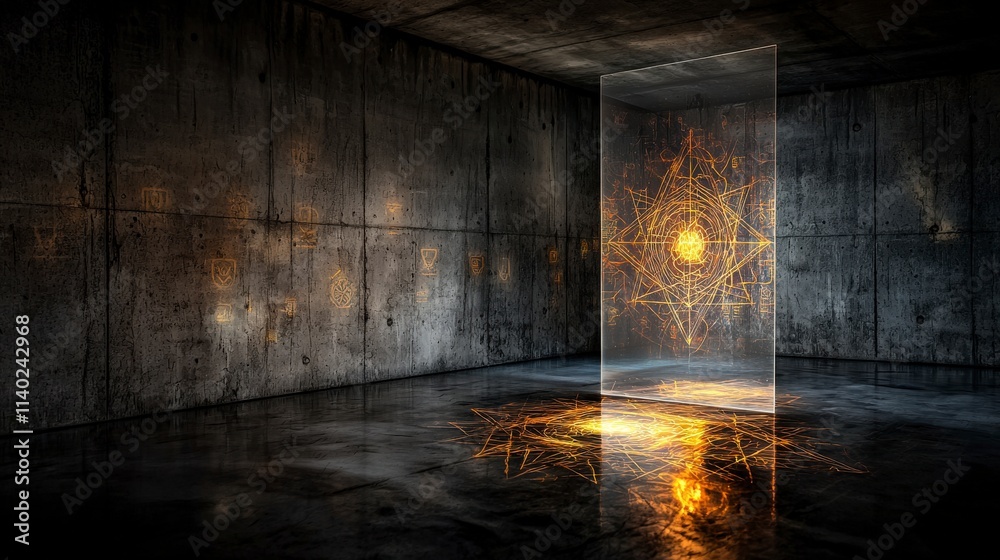 Fototapete glowing patterns projected on wall from transparent sheet industrial setting digital art creative sp